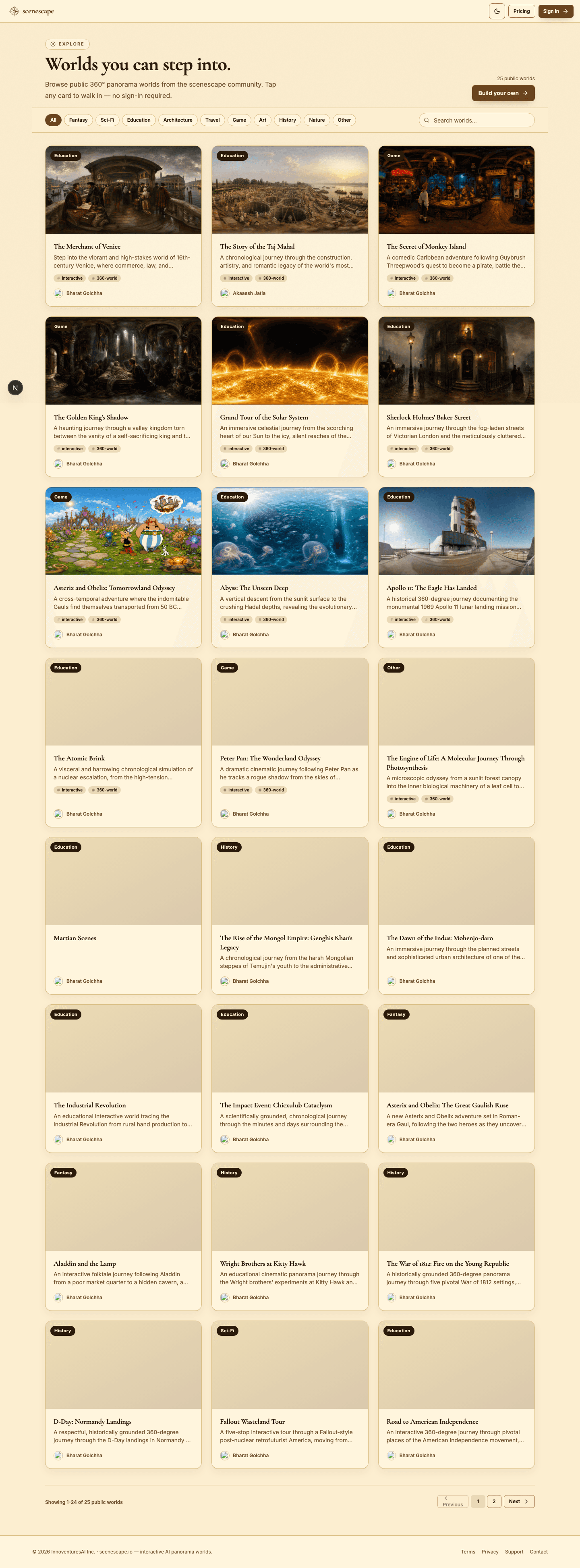 The Explore page with public worlds and filters.