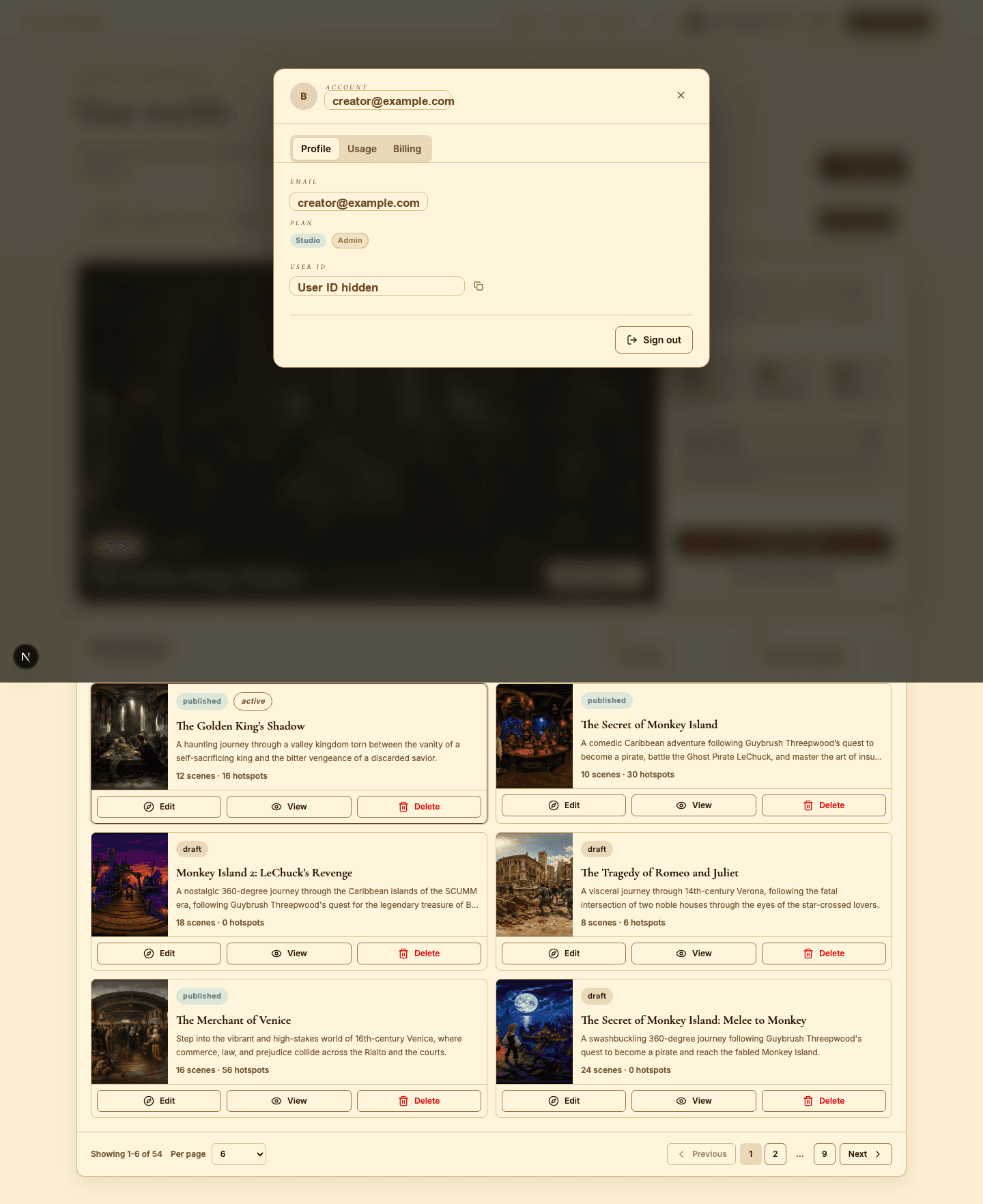 The account modal with profile, usage, and billing tabs.