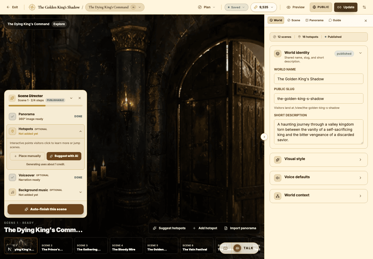The creator builder with panorama, Scene Director, scene strip, and inspector.