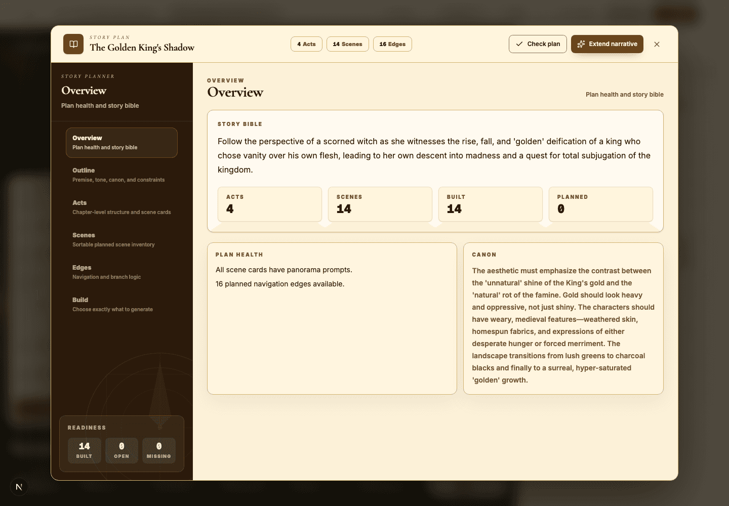 The Story Plan dialog with overview, acts, scenes, and edges.